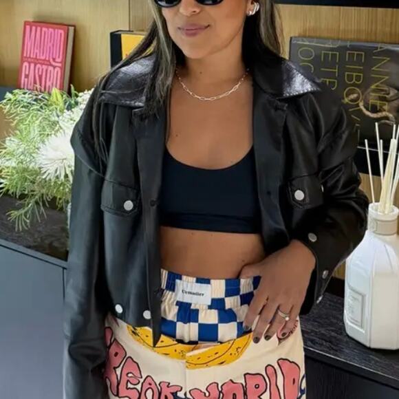 Nanushka Black Faux Leather Moto Jacket MEDIUM Cropped Oversized Designer $625 - Picture 6 of 15